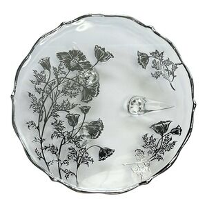 Vintage FLANDERS Silver City 7" Clear Glass Poppy Overlay Bon Bon Dish 3 Toed